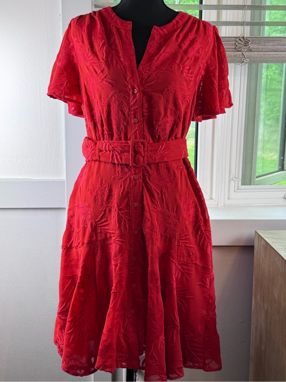 Ranna Gill Red Textured Belted Midi Dress with Short Sleeves
